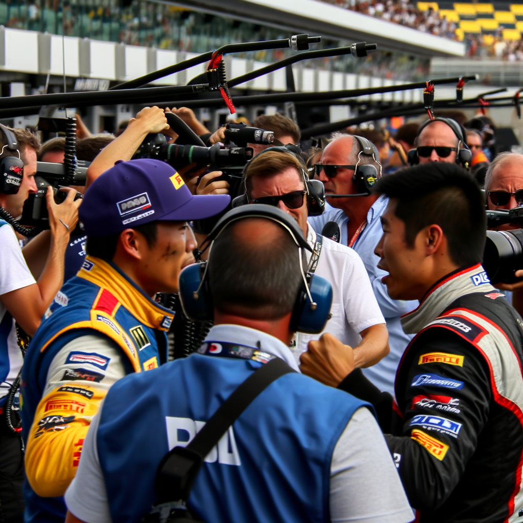 A photo of two rival F1 drivers engaged in a heated exchange, surrounded by their team members and media.