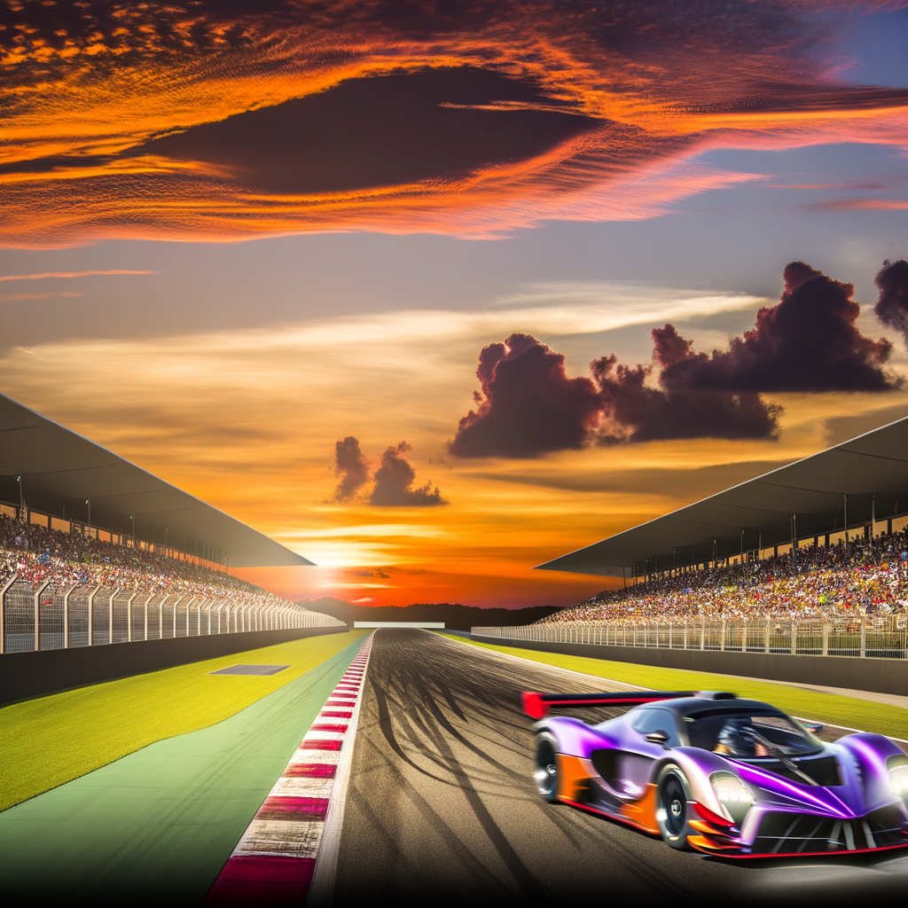 A roaring race car speeding past sunset.