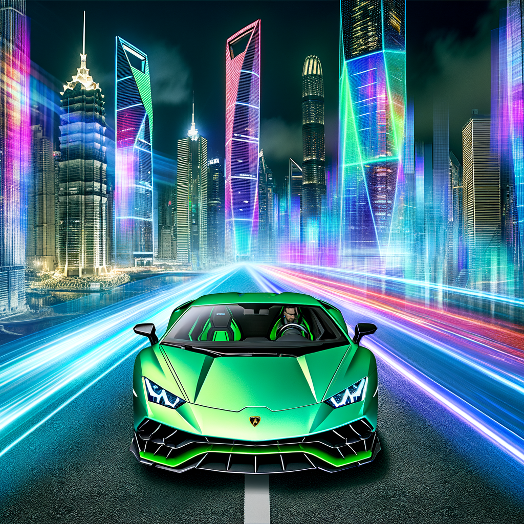 A sleek Lamborghini Sián amidst futuristic cityscape.
