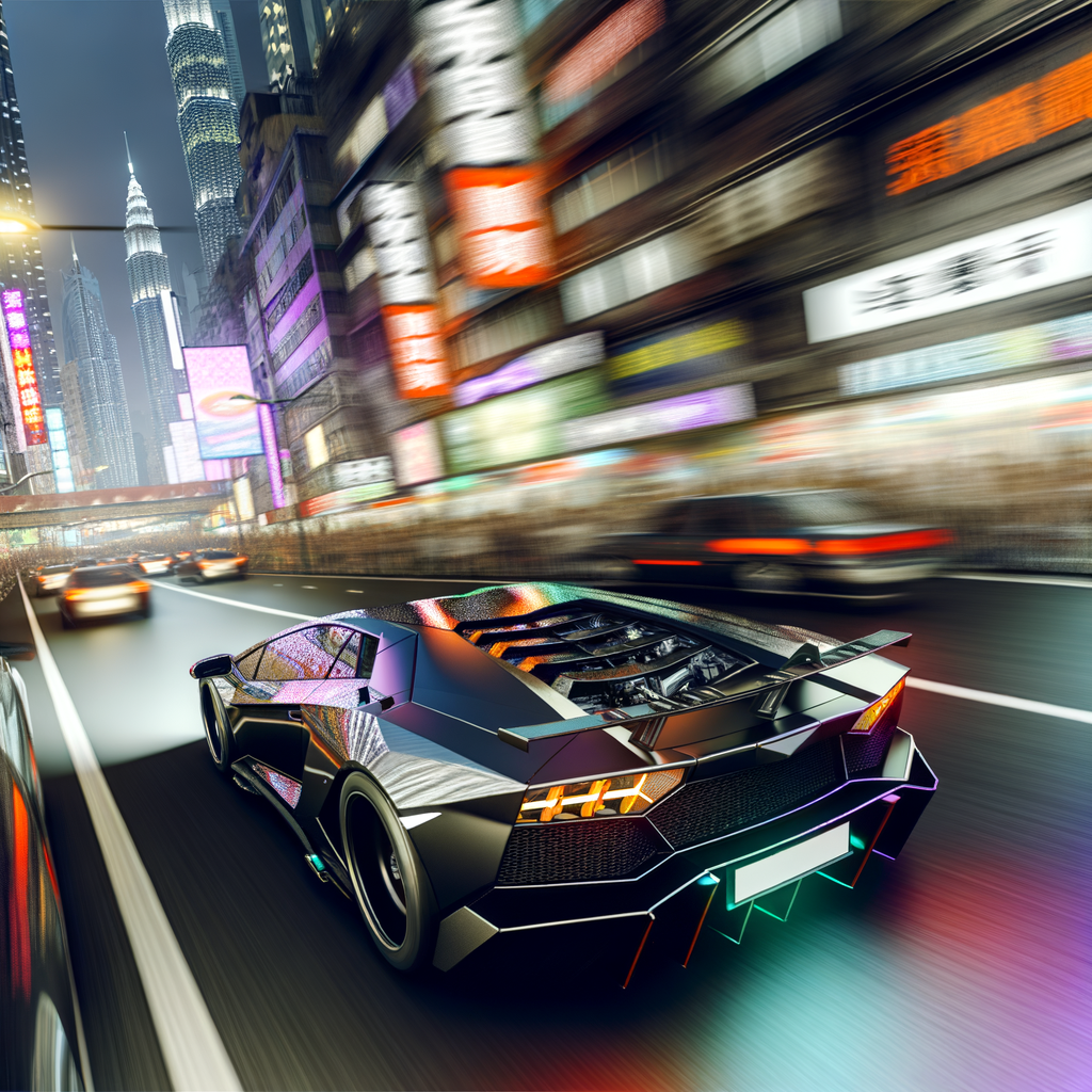 A sleek Lamborghini speeding through cityscapes.