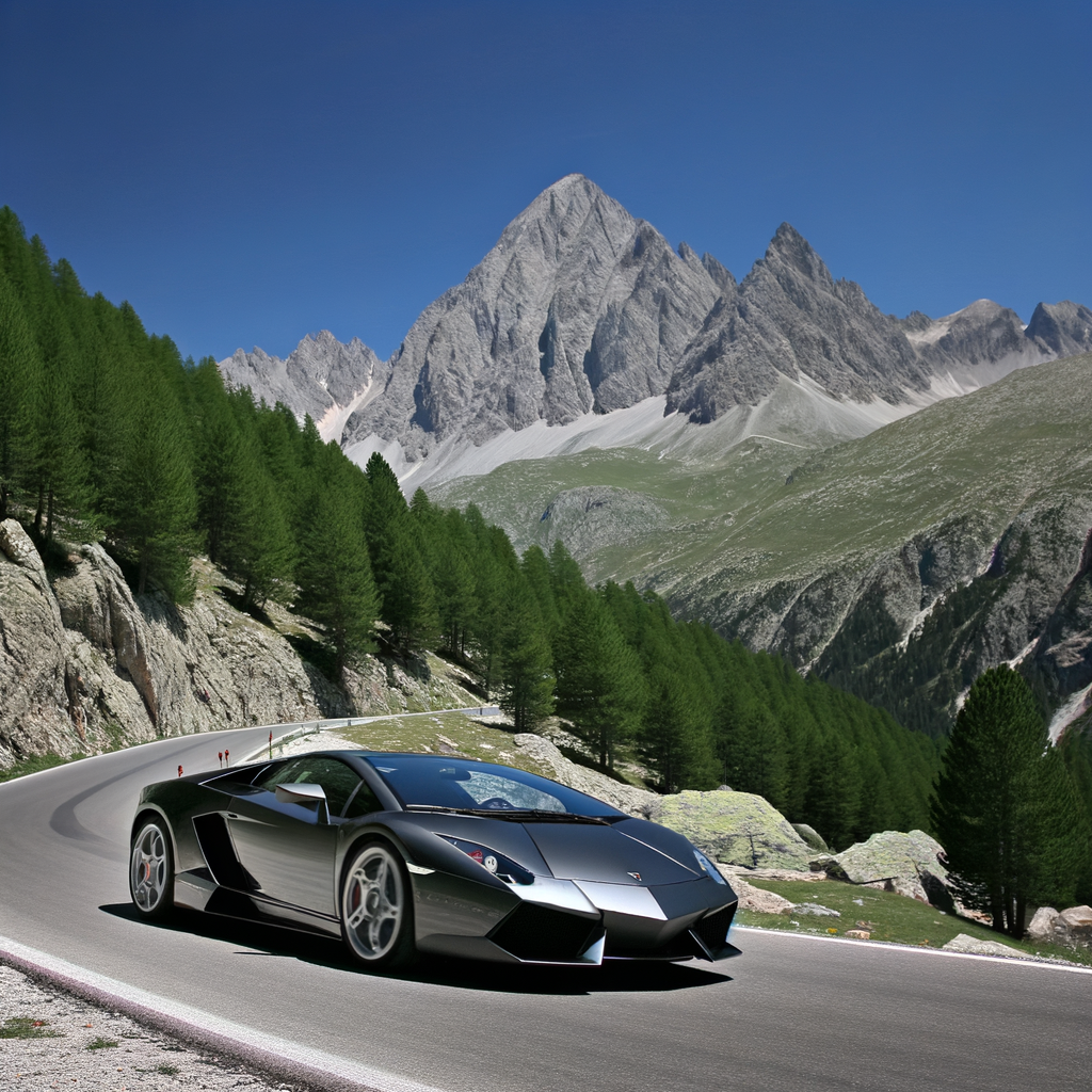 A sleek Lamborghini speeding through mountains.