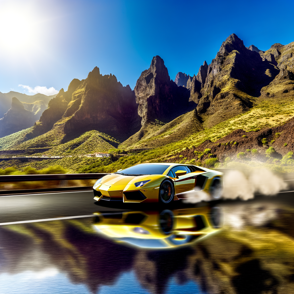 A sleek Lamborghini speeding through mountains.