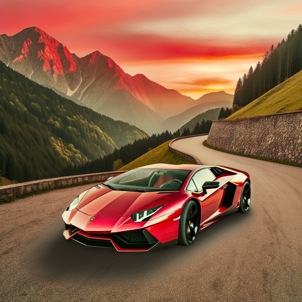 A sleek Lamborghini speeding through mountains.