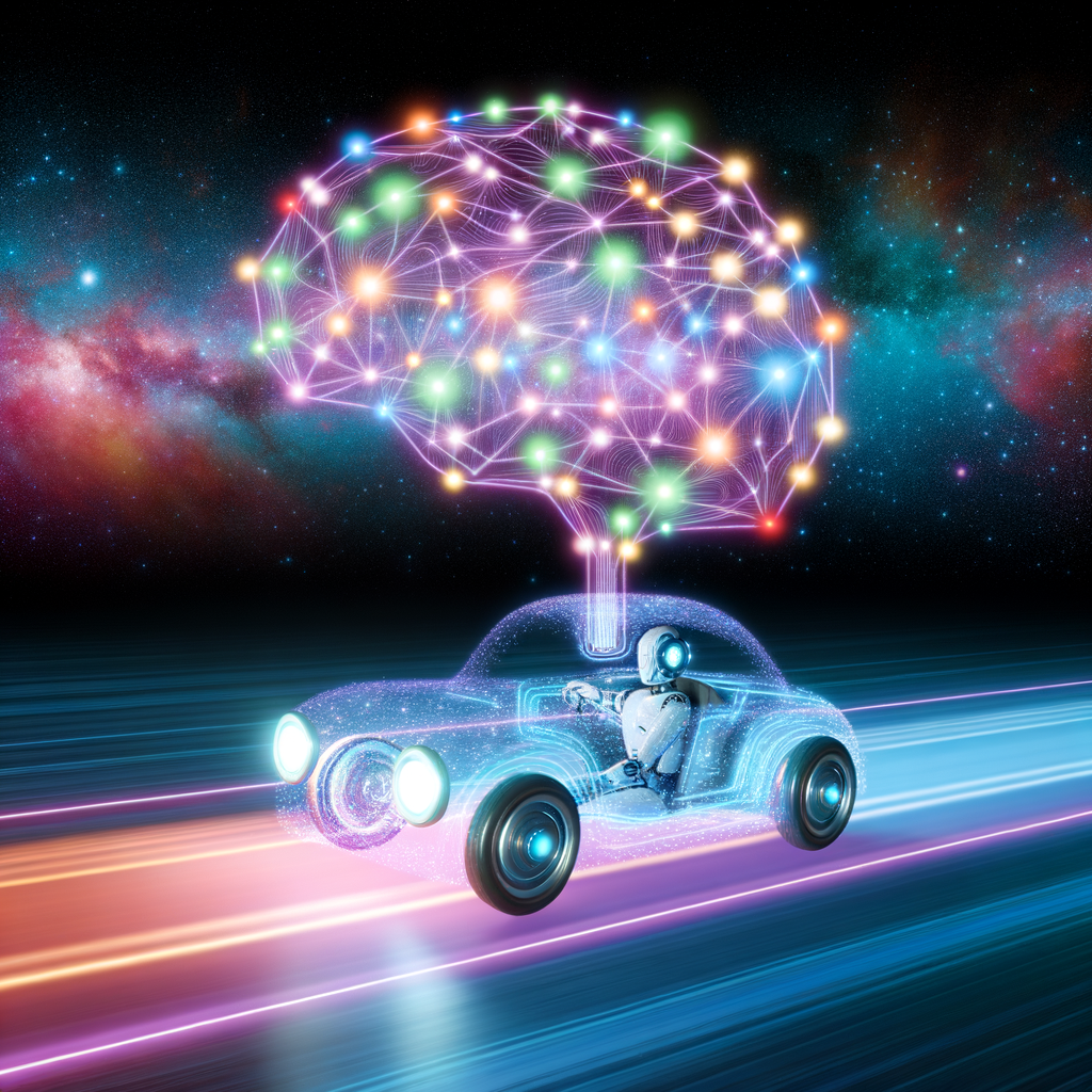 AI brain network steering futuristic car.