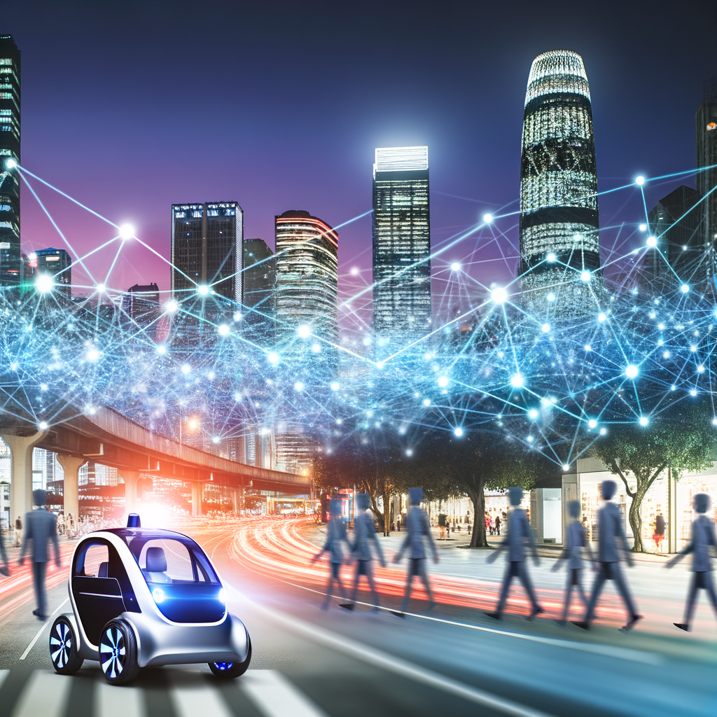 Autonomous car navigates, data envelops skyline.