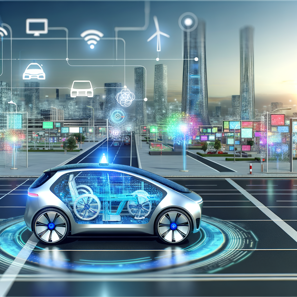 Autonomous car navigates smart cityscape future.