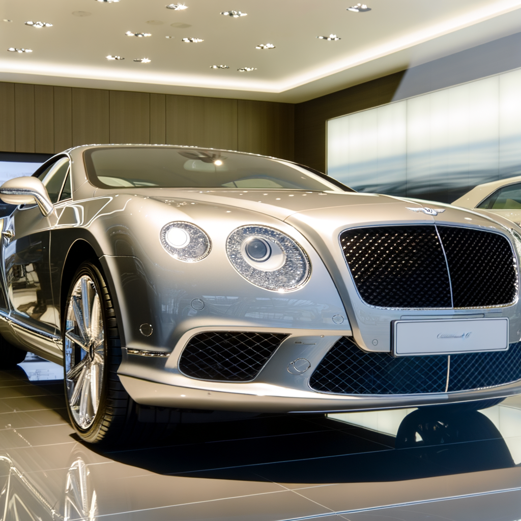 Bentley Continental GT in showroom spotlight.