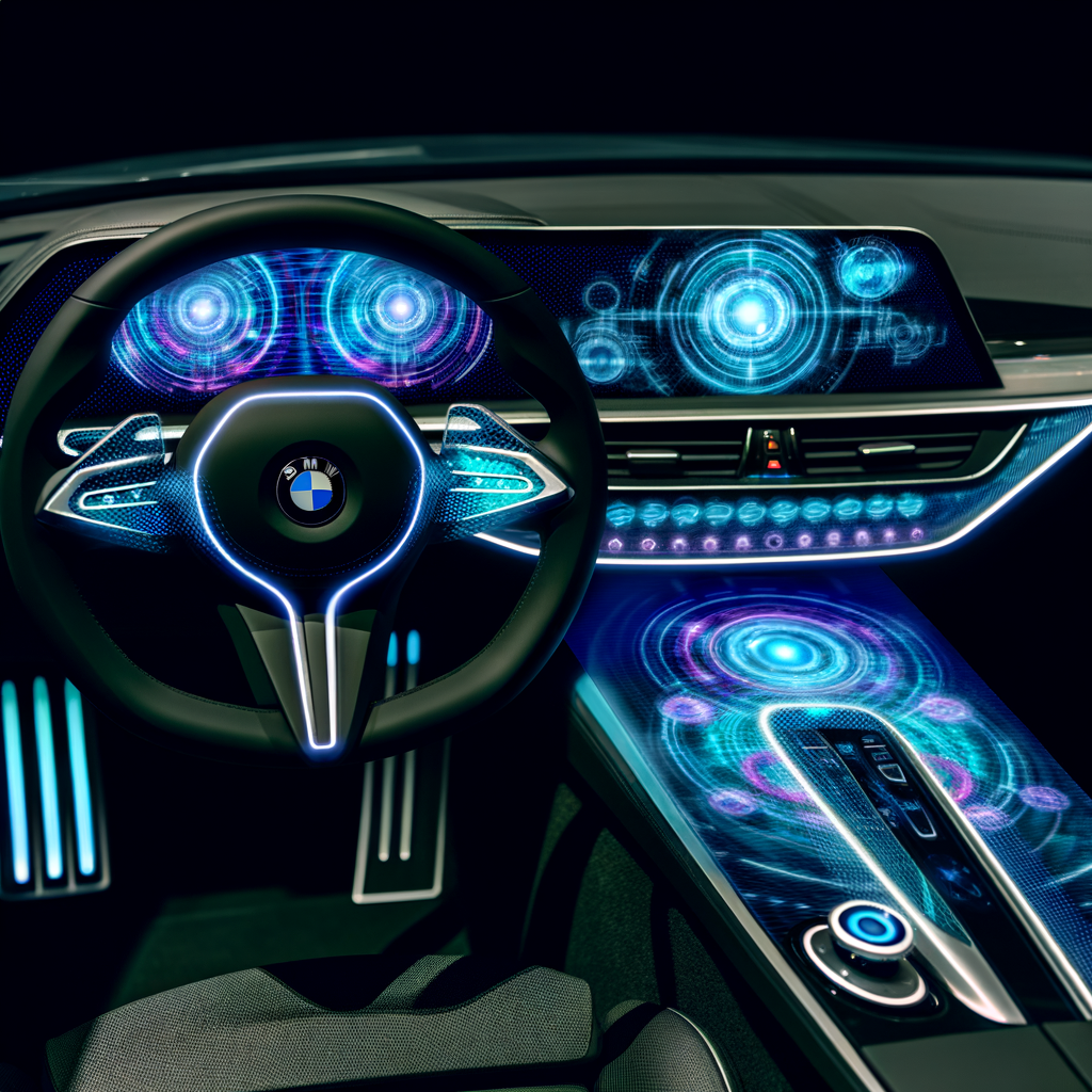 BMW car with futuristic AI interface dashboard.