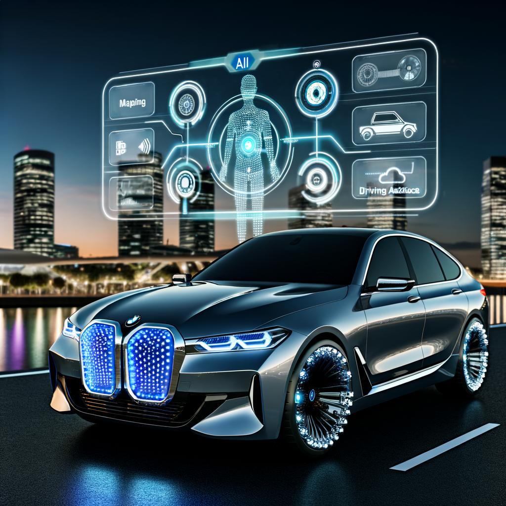 BMW car with futuristic AI interface display.