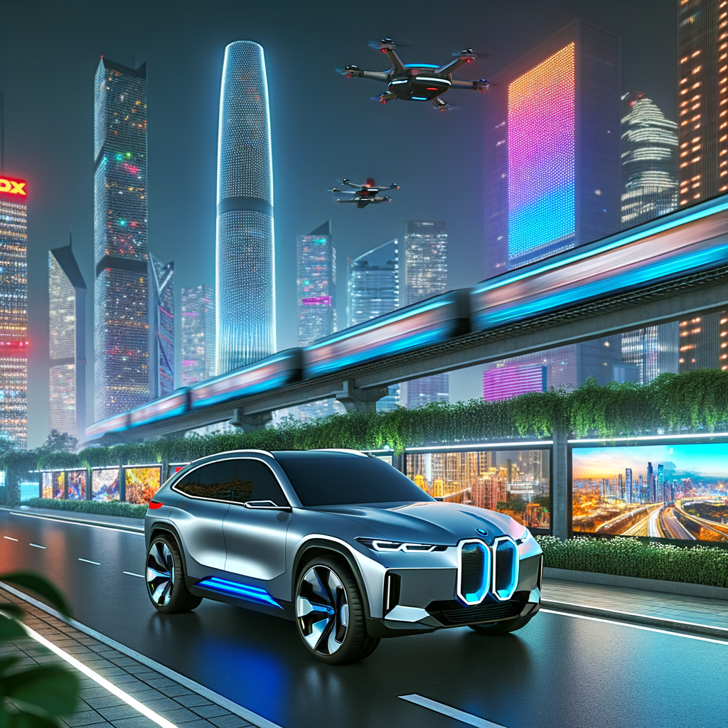BMW iX driving through futuristic cityscape.