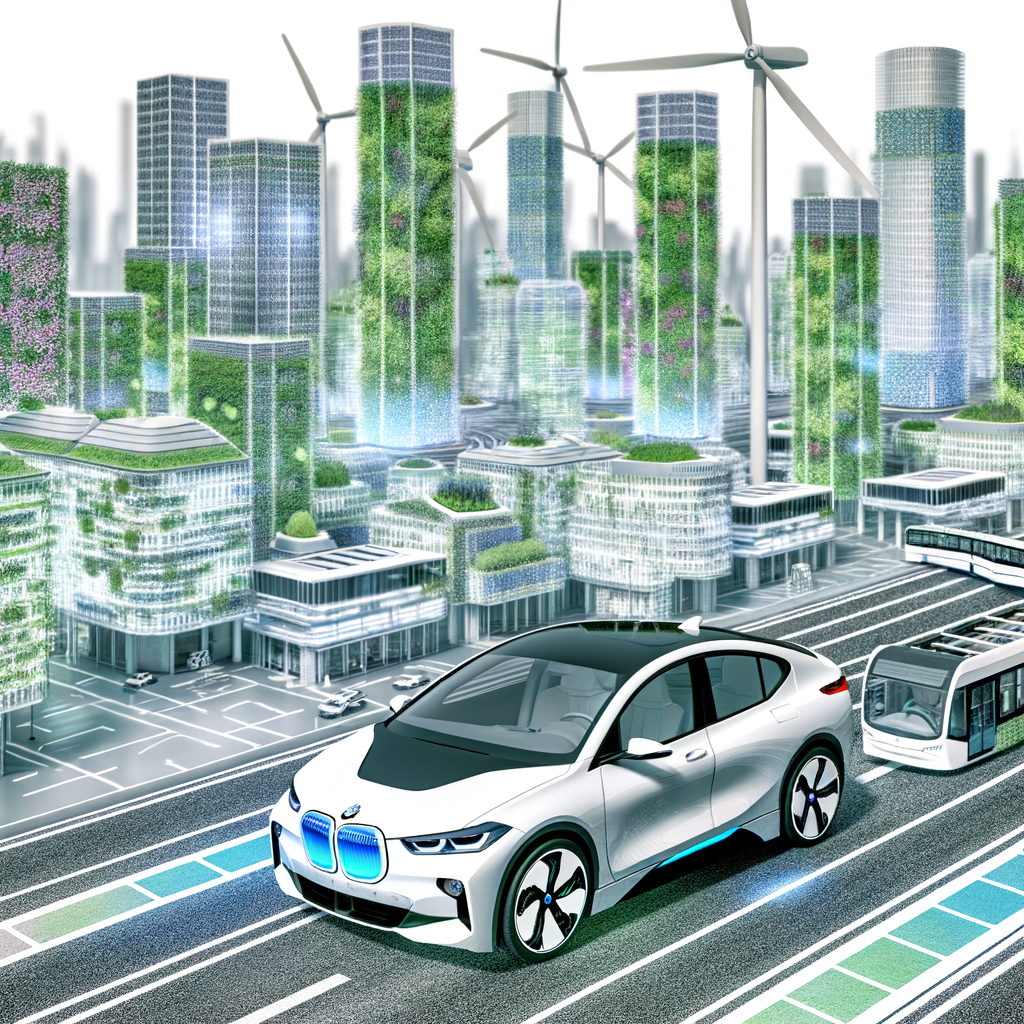 BMW iX in futuristic, eco-friendly cityscape.