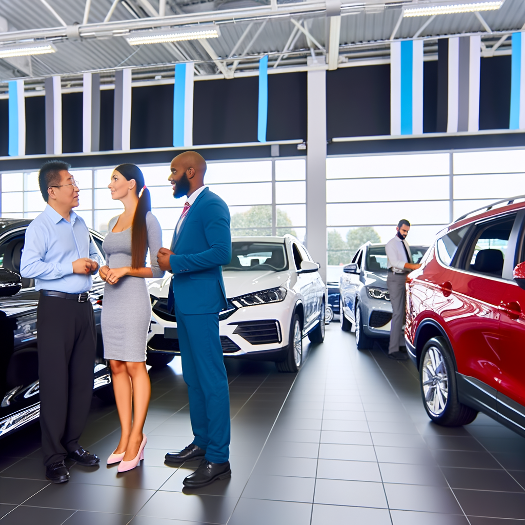 Bright dealership, diverse cars, happy customers.