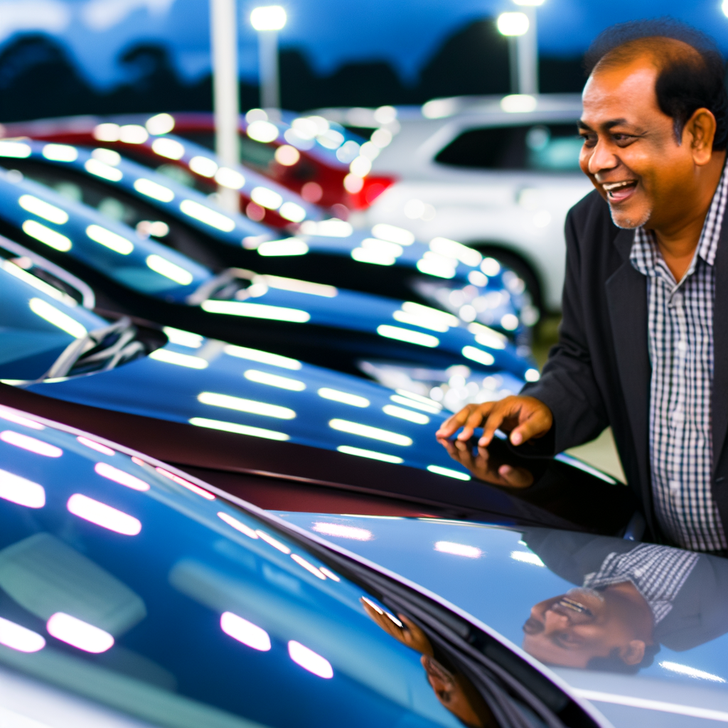 Bright dealership lot, happy customer browsing.