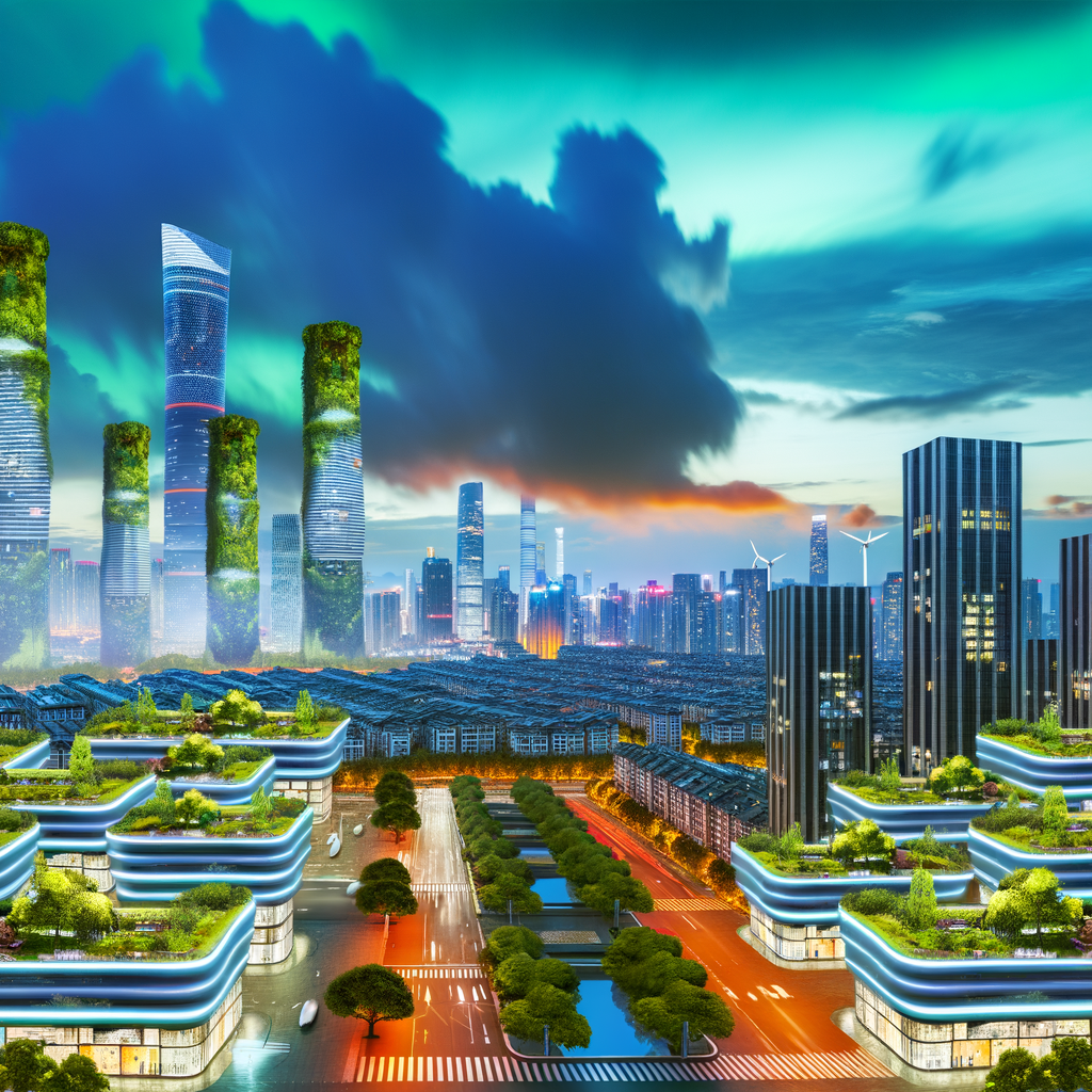 China's skyline, electric cars, green future.