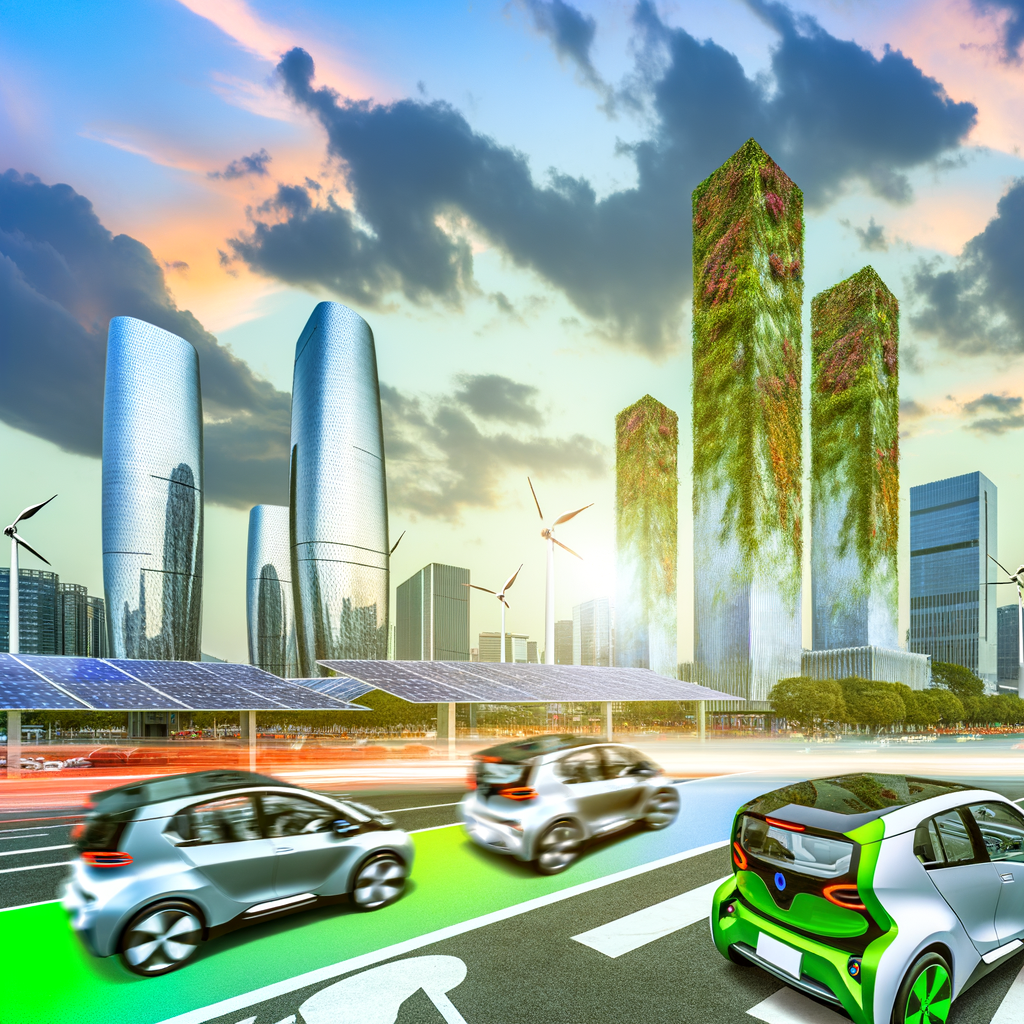 China's skyline, EVs forefront, green future.