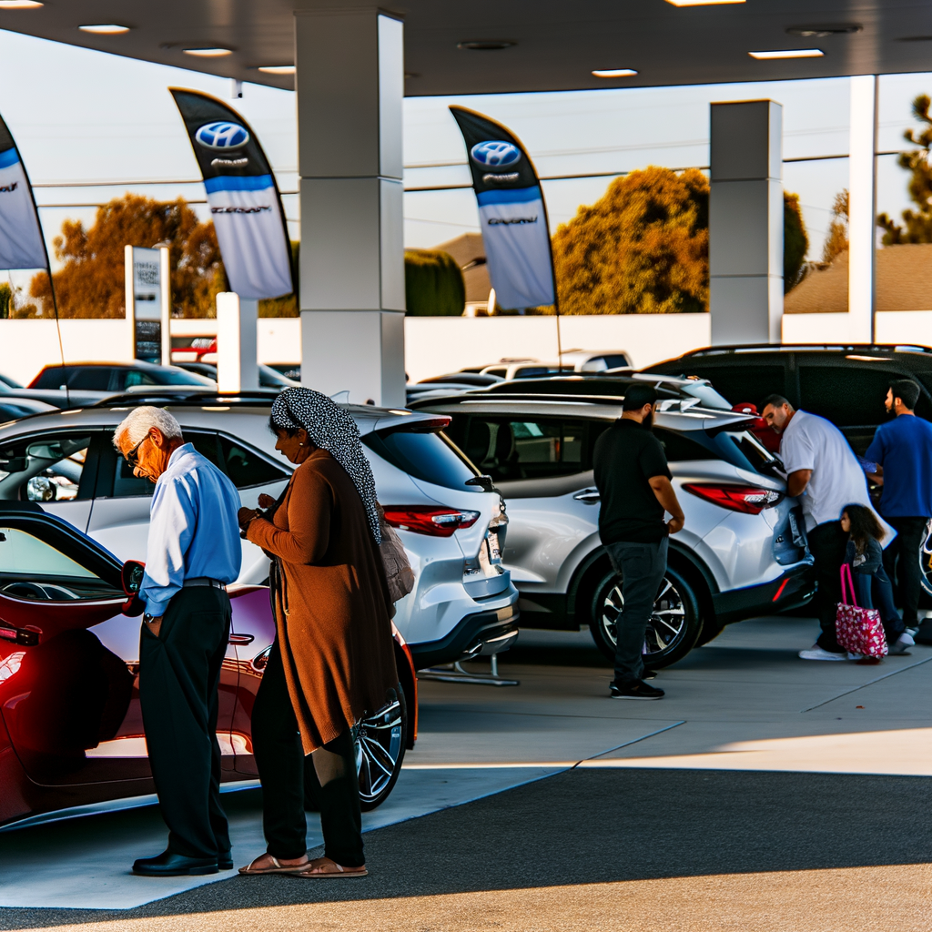 Dealership lot bustling with cars and customers.