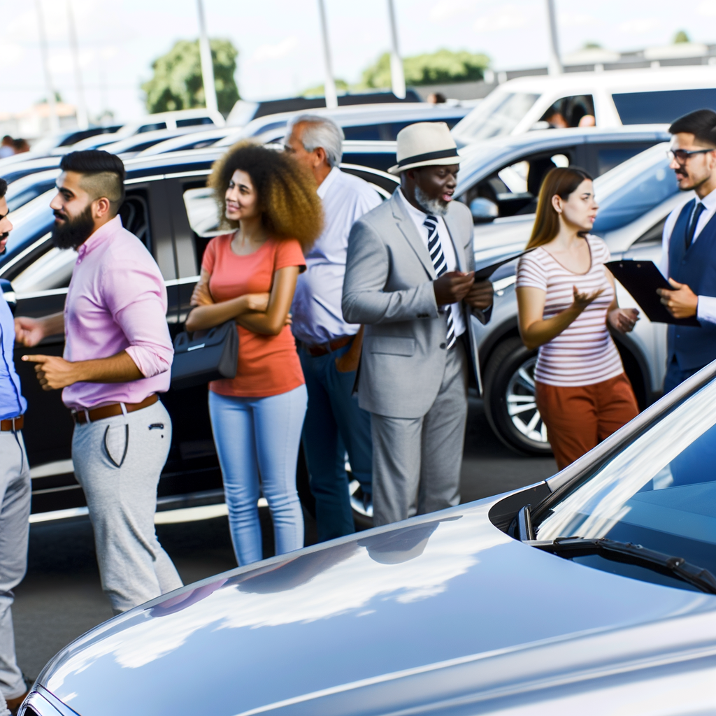 Dealership lot bustling with satisfied customers.