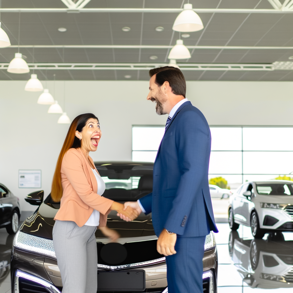 Dealership showroom, happy customer shaking hands.