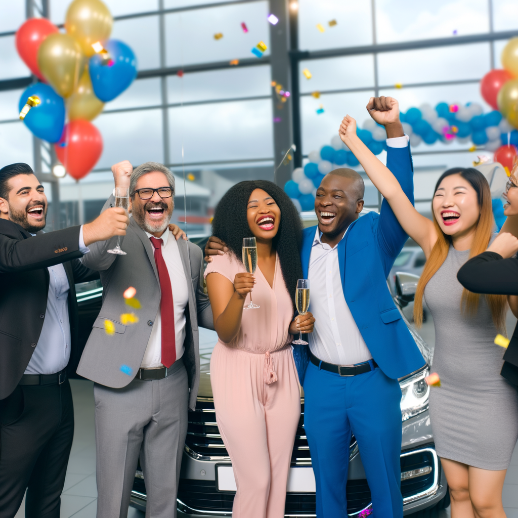 Dealership team celebrating happy customer's purchase.