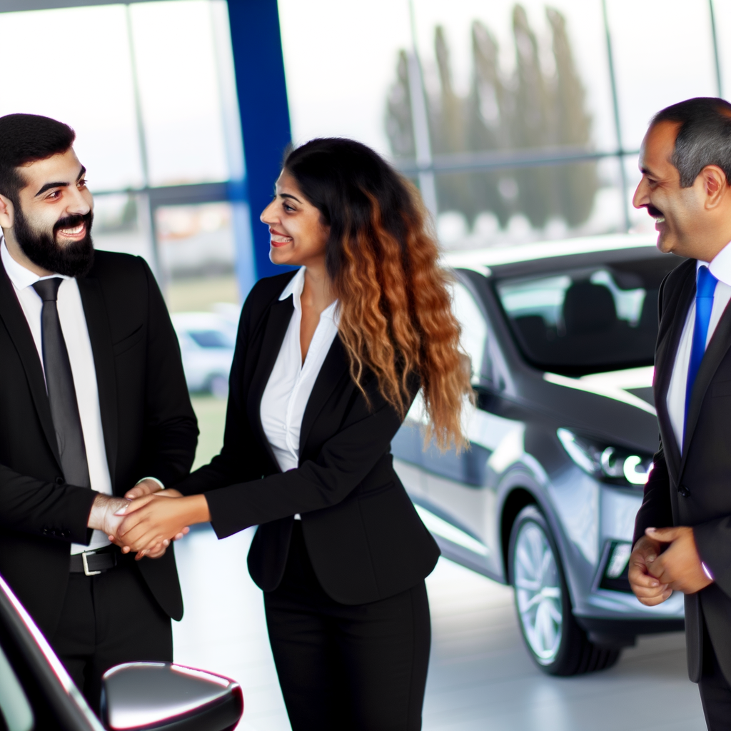 Dealership team guiding happy couple through options.