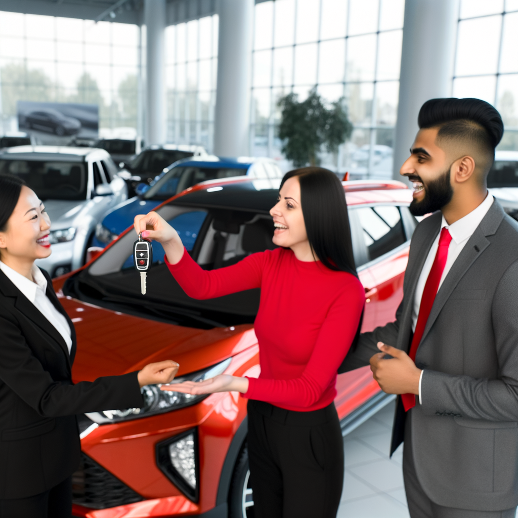 Dealership team handing keys to happy buyer.