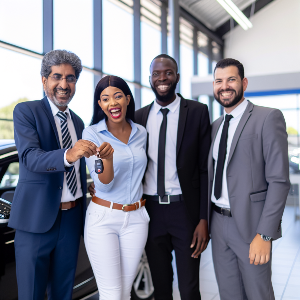 Dealership team presenting keys to happy customer.