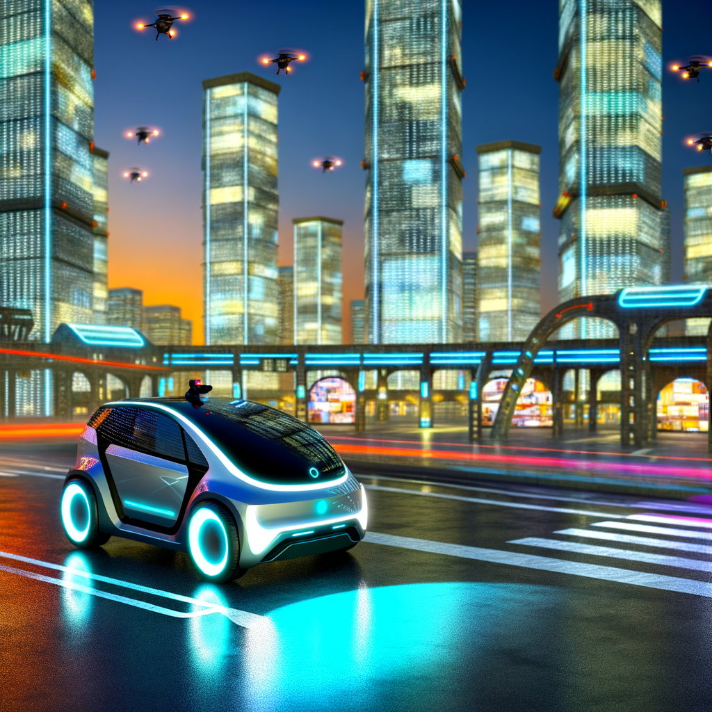 Electric autonomous car, futuristic city backdrop.