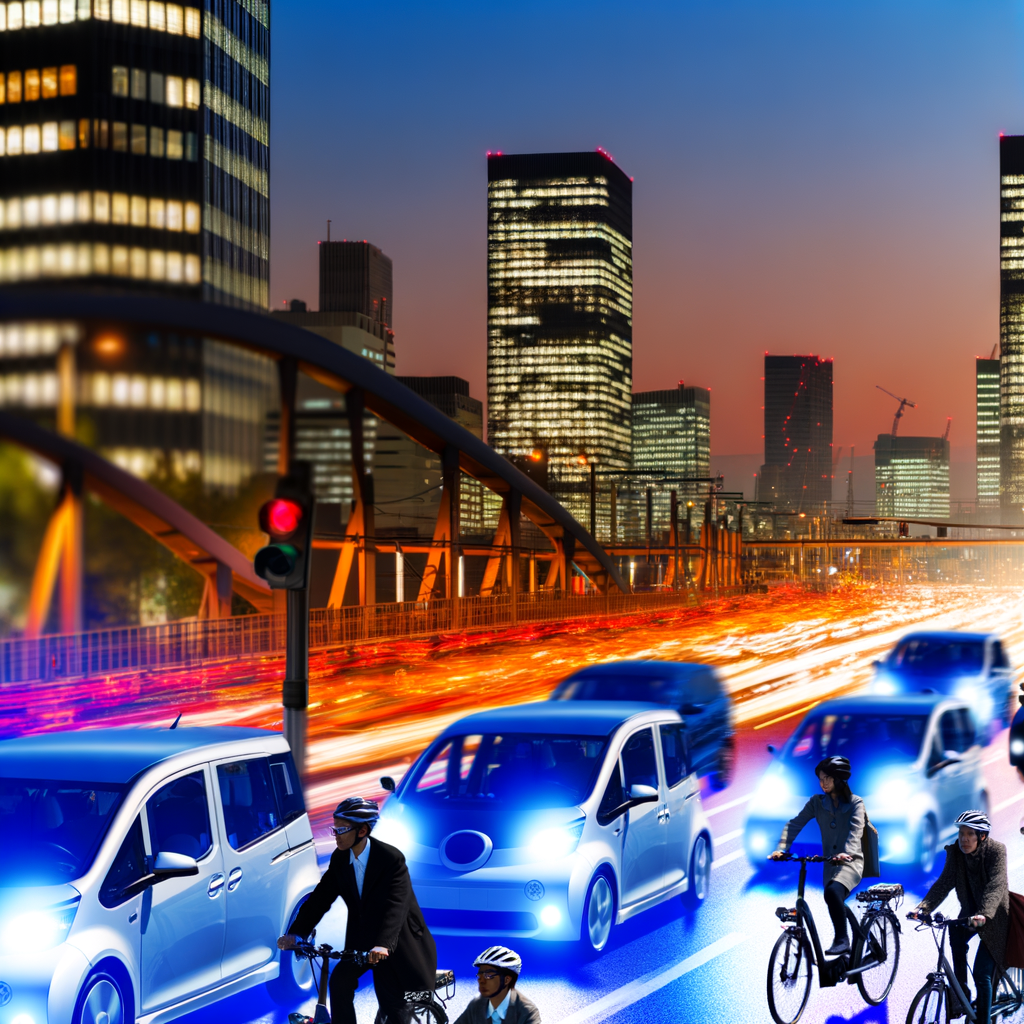 Electric cars and bikes illuminate cityscape.