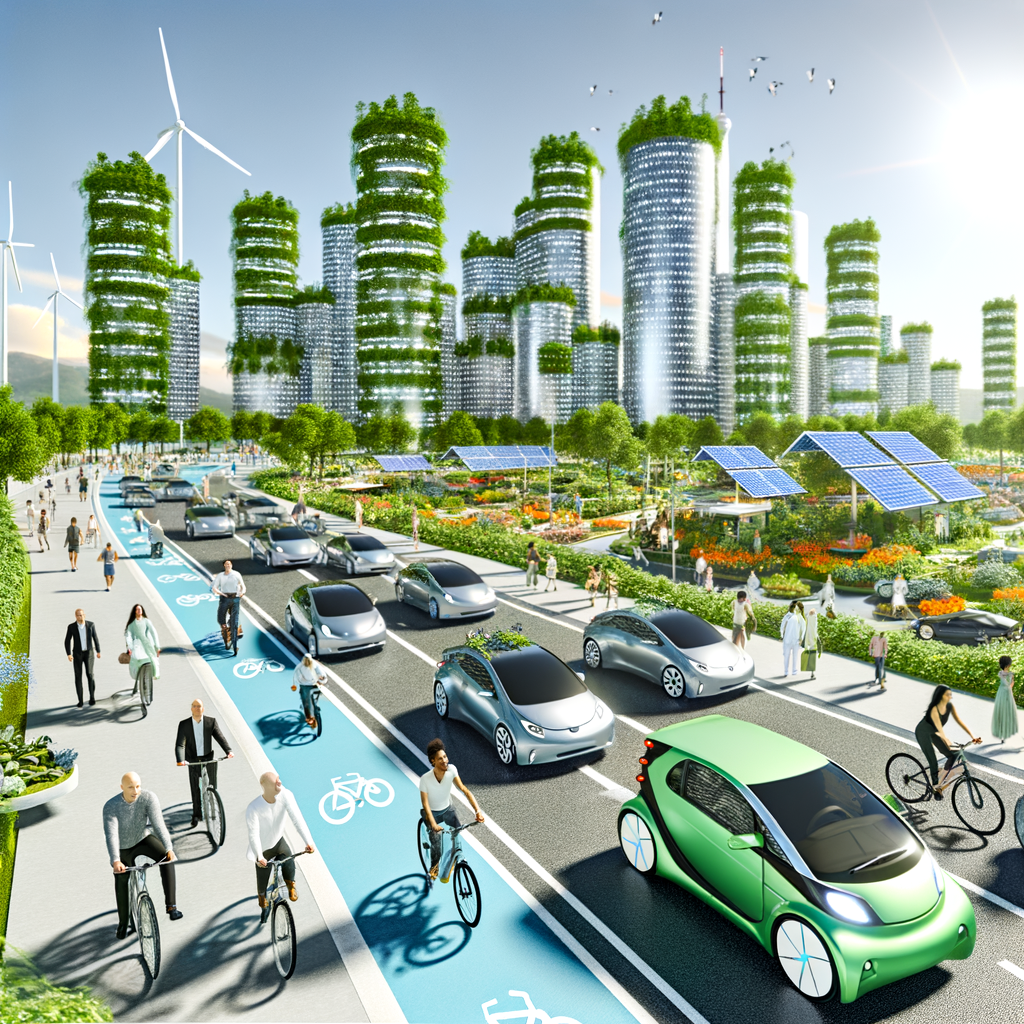 Electric cars, bikes, cityscape, green future.