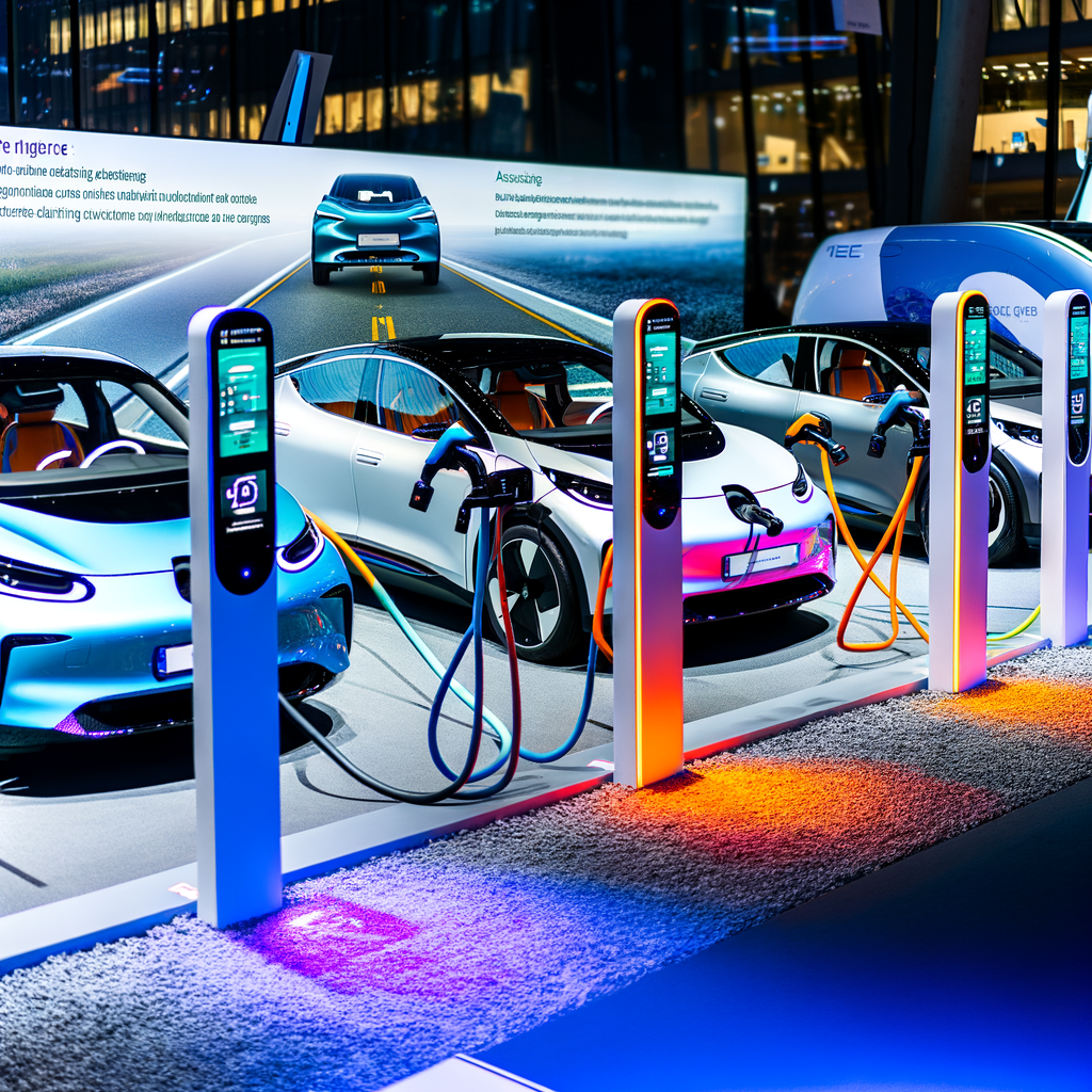 Electric cars charging, autonomous tech displayed.