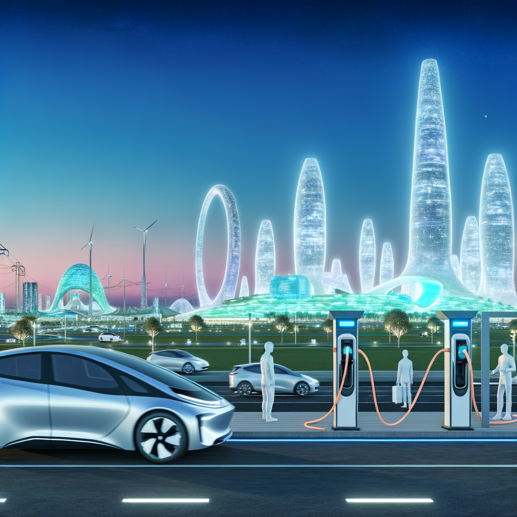 Electric cars charging, future city skyline.