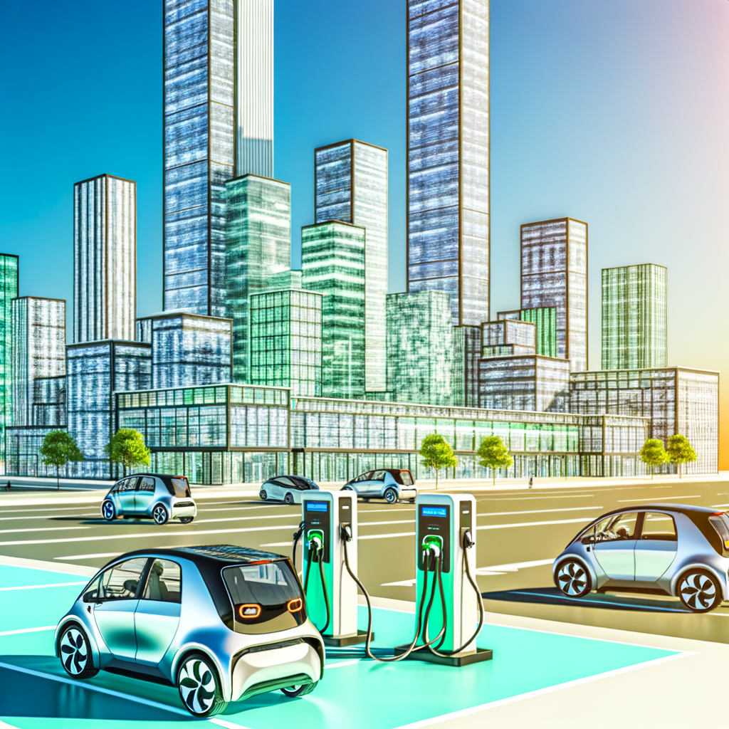 Electric cars charging, future city skyline.