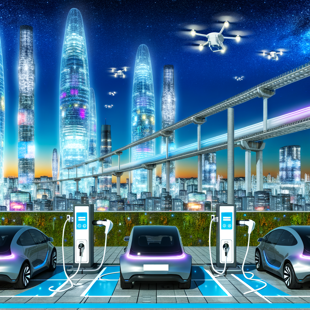 Electric cars charging under futuristic skyline.