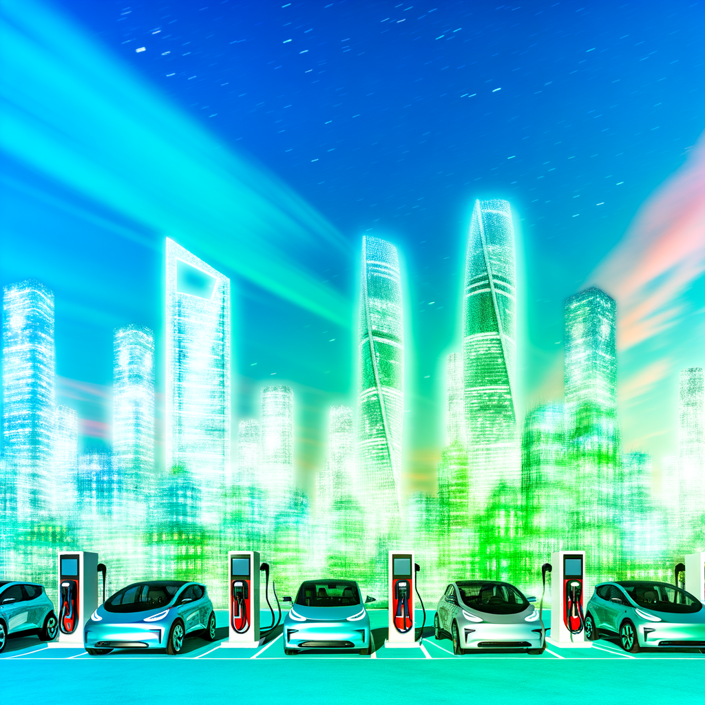 Electric cars charging under futuristic skyline.