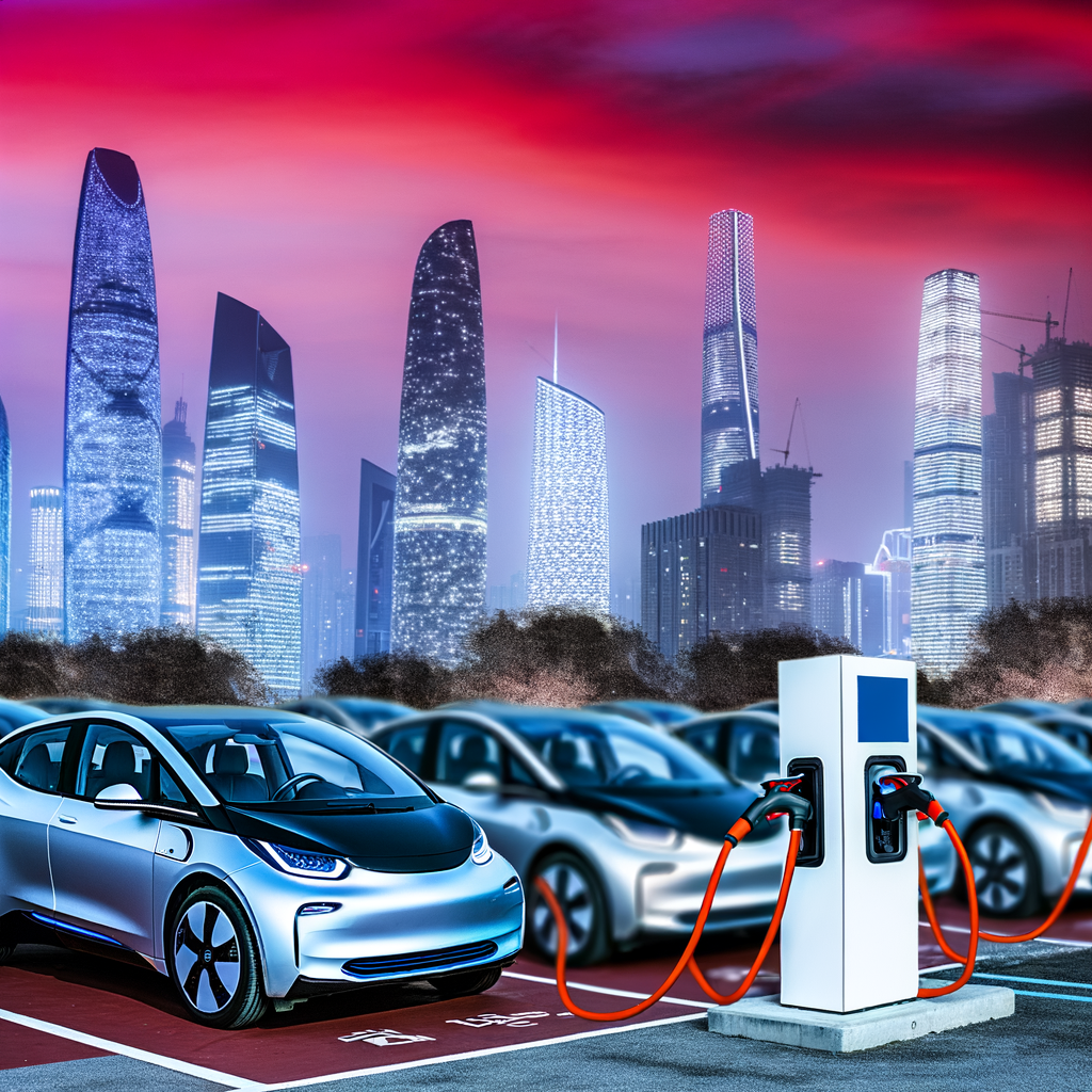 Electric cars charging under futuristic skyline.