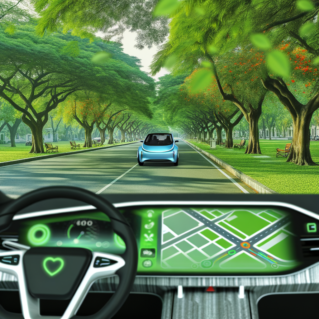 Electric cars, digital dashboards, green future.