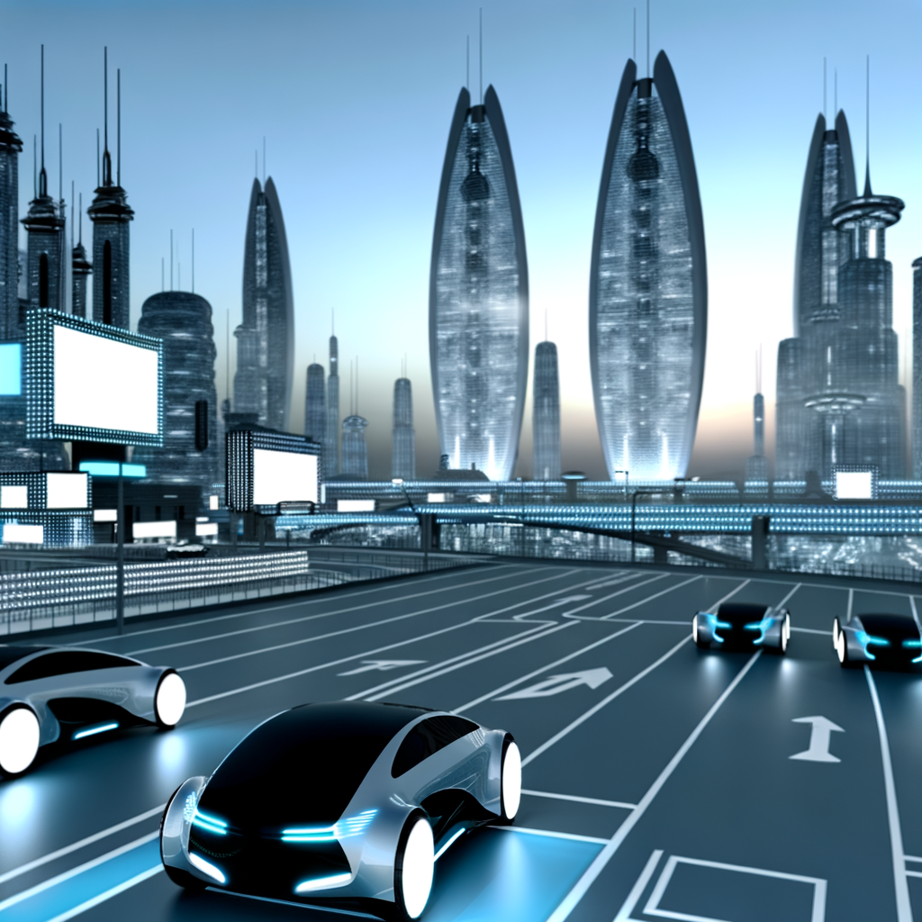 Electric cars forefront of futuristic cityscape.