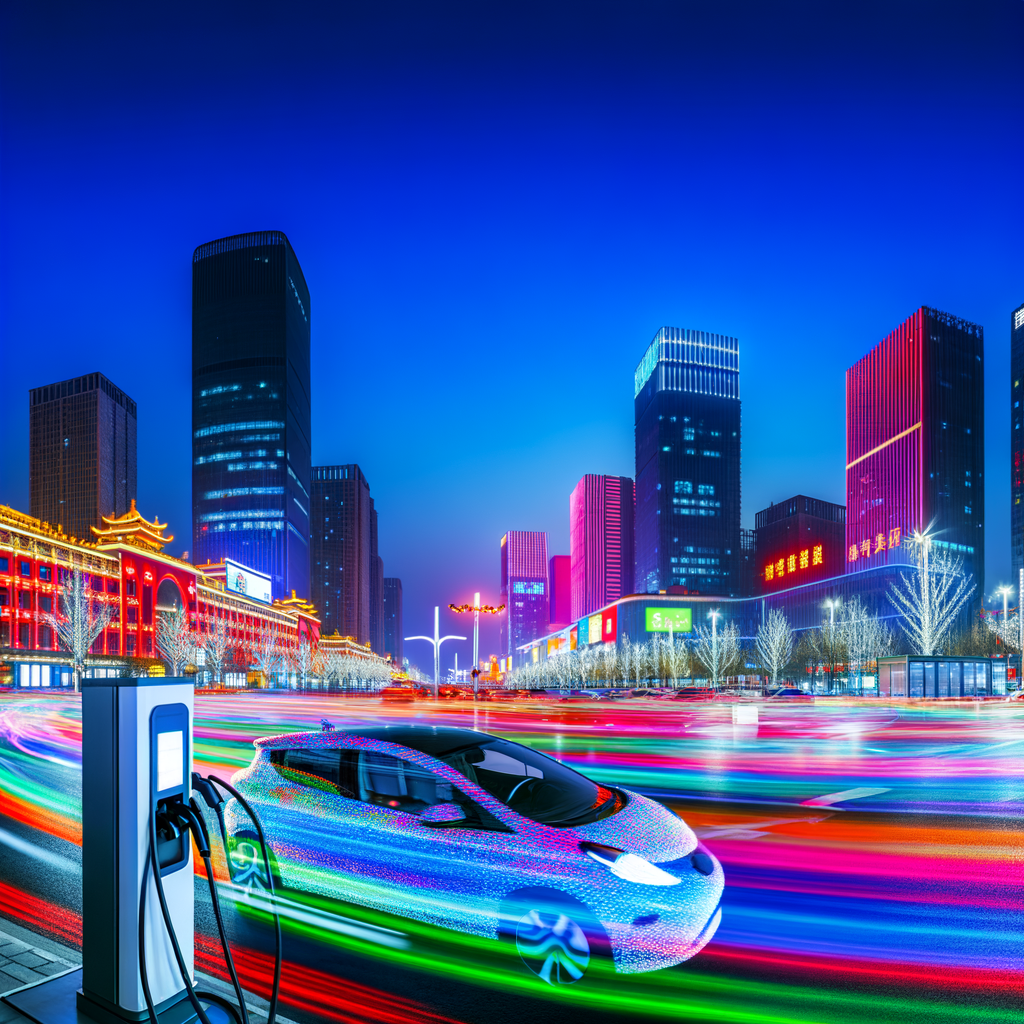 Electric cars illuminate China's urban skyline.