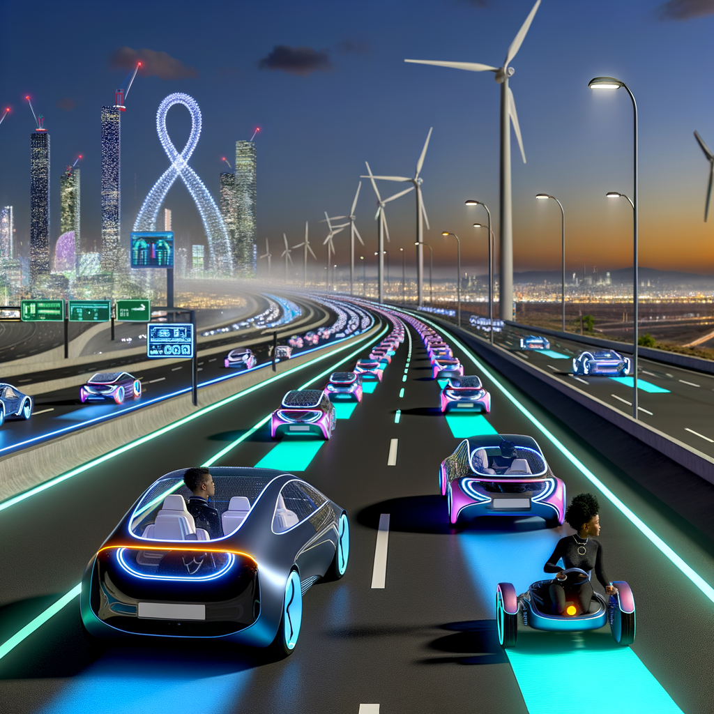 Electric cars leading futuristic highway revolution.