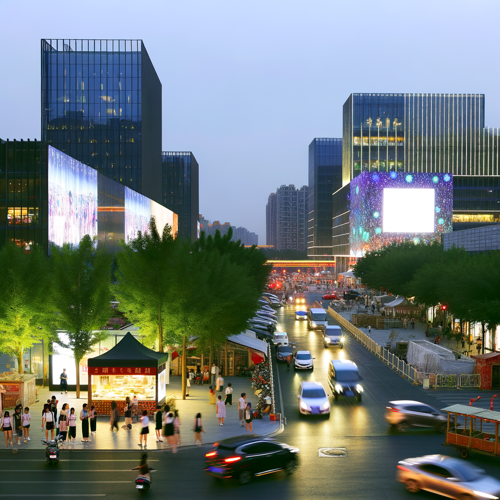 Electric cars line bustling Chinese cityscape.