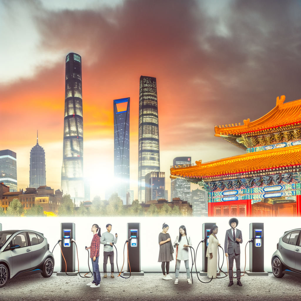 Electric vehicles charge, China's skyline looms.