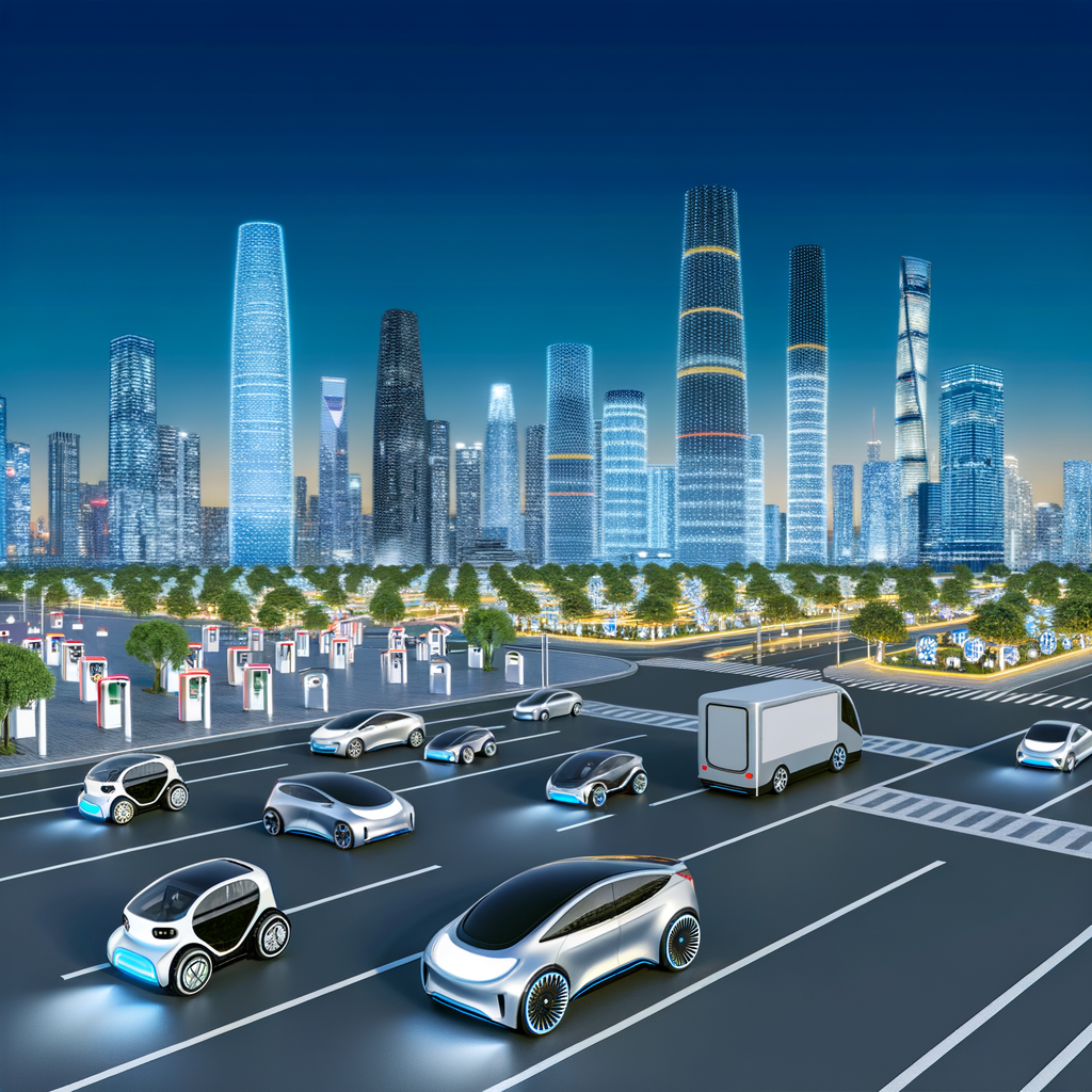 Electric vehicles driving China's futuristic skyline.