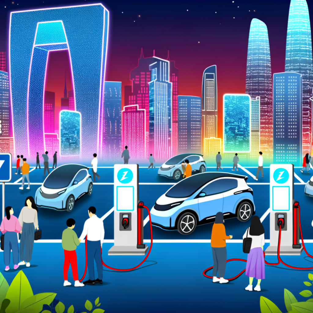 EV charging in bustling Chinese cityscape.