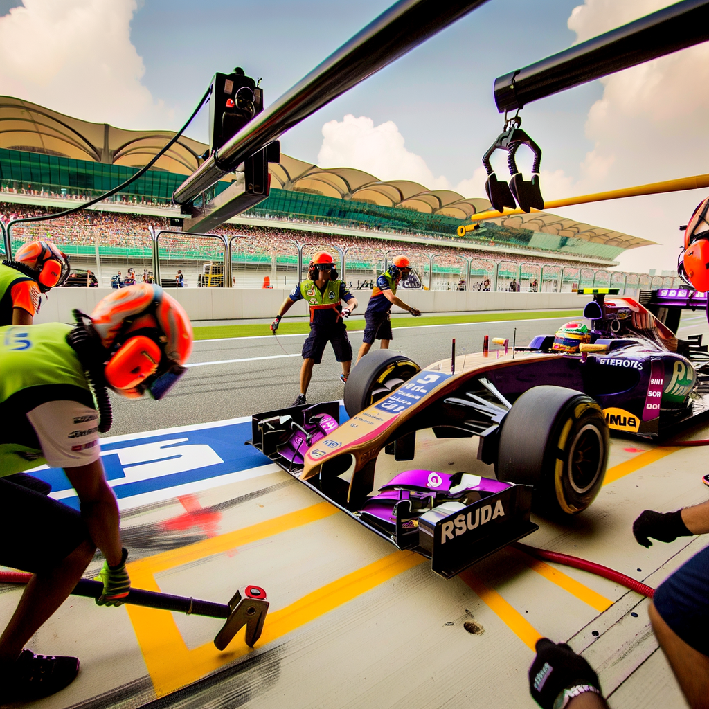 F1 car blazes past pit crew.