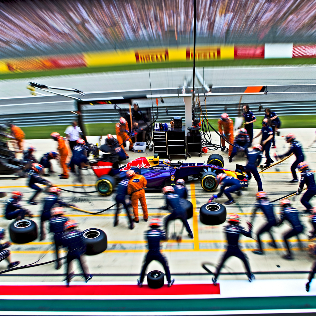 F1 car blitzes pit stop precision.