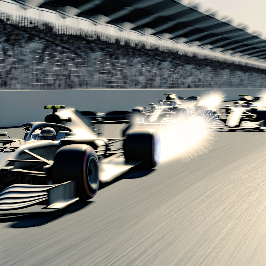 F1 cars blazing past, technology triumphs.