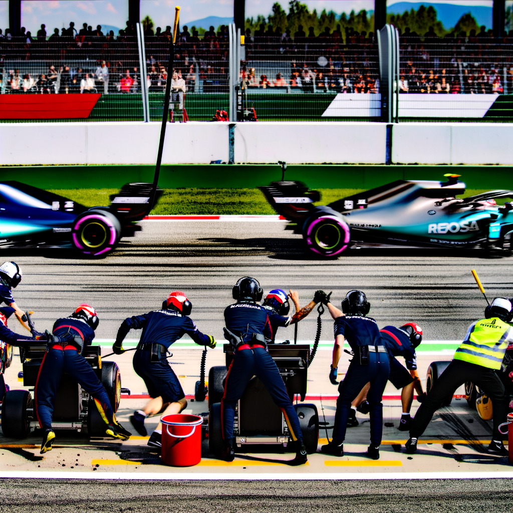 F1 cars blitz circuit; pit crew preps.