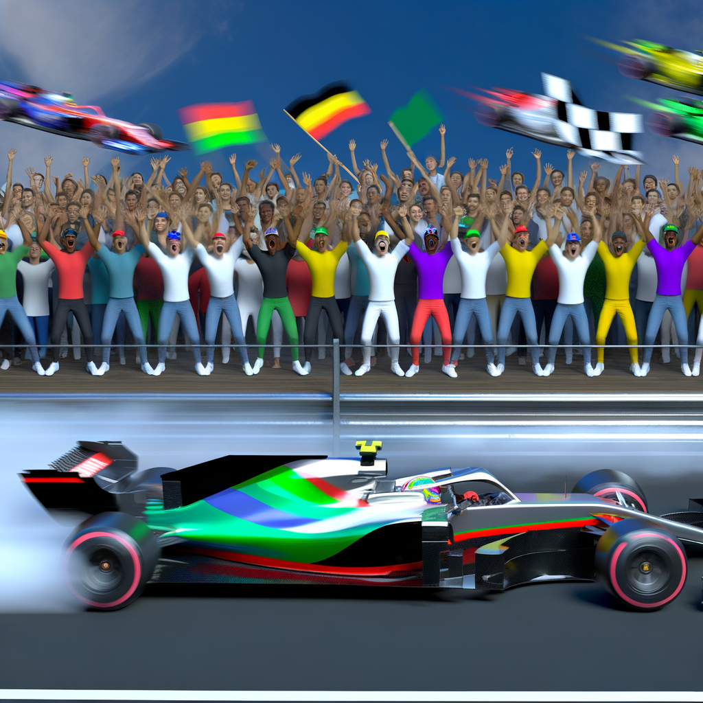 F1 cars race, crowd roars, excitement peaks.