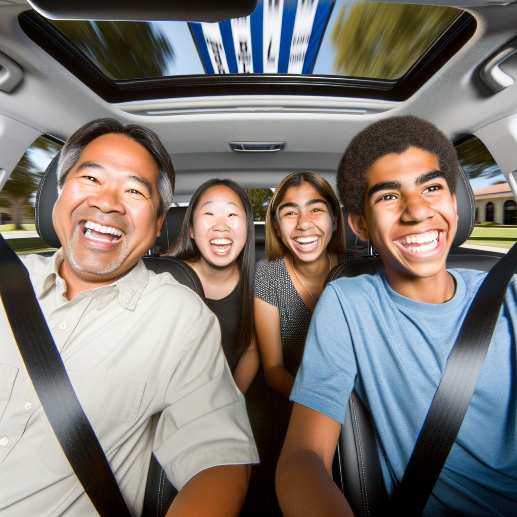 Family smiling on a dealership test drive.