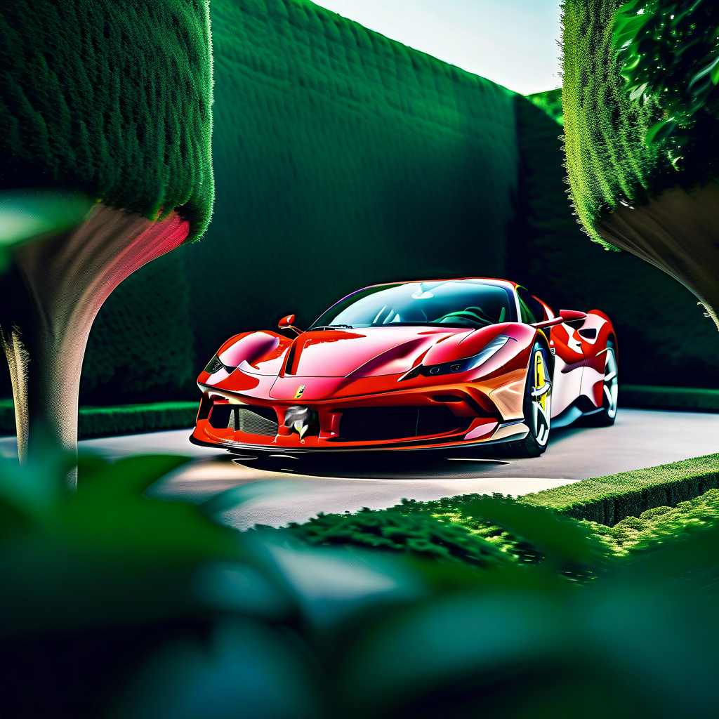 Ferrari SF90 Stradale amidst futuristic greenery.